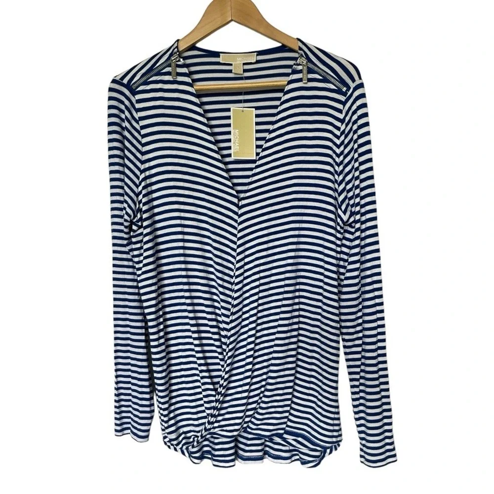 Michael Kors Top Womens L Navy White Striped Shoulder Zipper Faux Wrap NEW